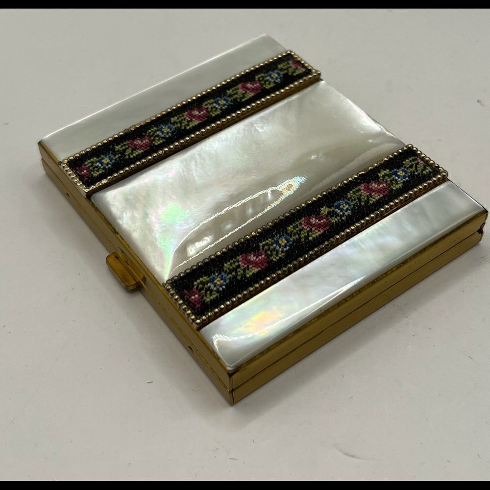 1950’s Schildkraut MOP and petitpoint vintage engraved compact.